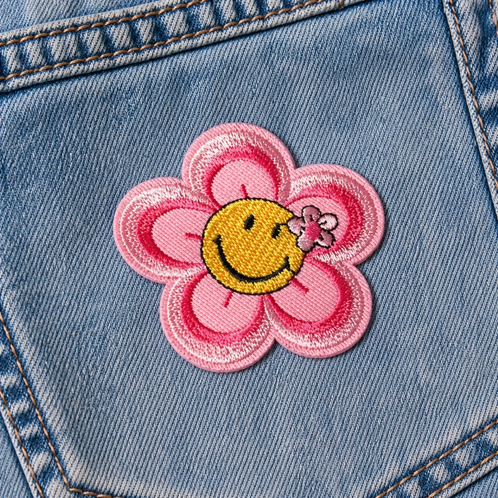 Blumen-Smiley Rosa/Gelb – Aufnäher zum Aufbügeln