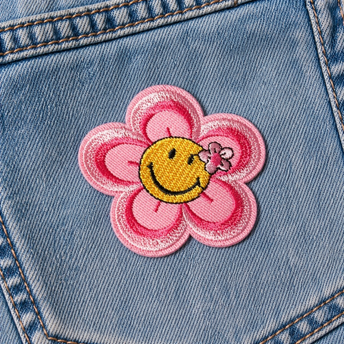 Blumen-Smiley Rosa/Gelb – Aufnäher zum Aufbügeln
