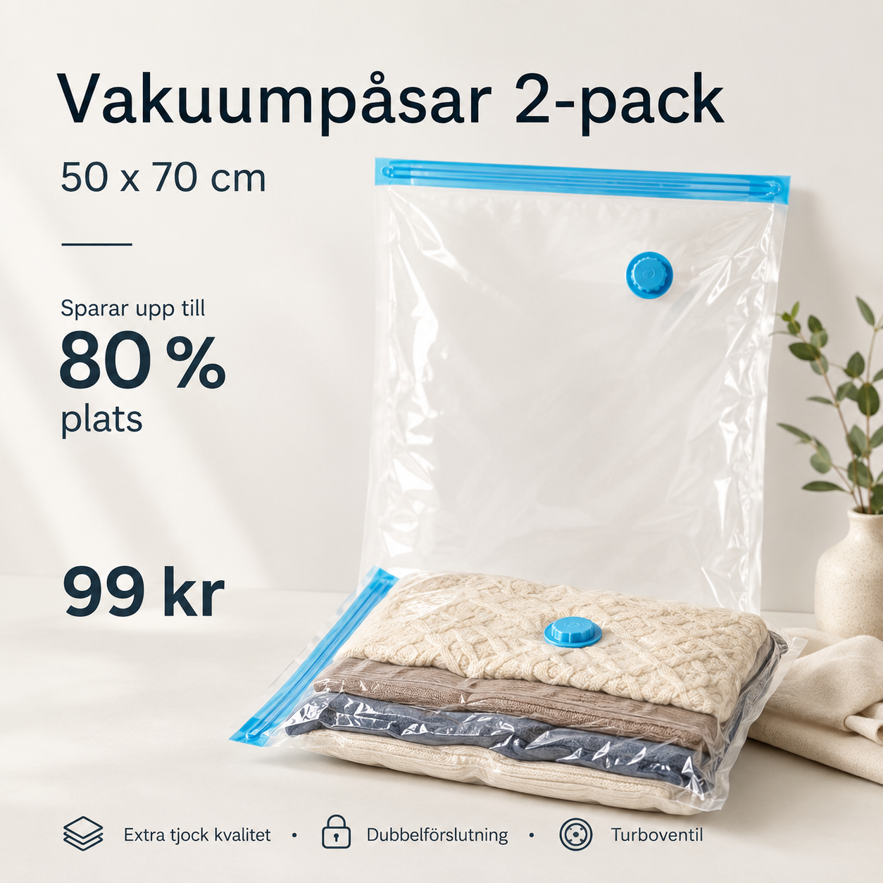 Vakuumbeutel für Kleidung und Textilien – 50×70 cm, 2er-Pack