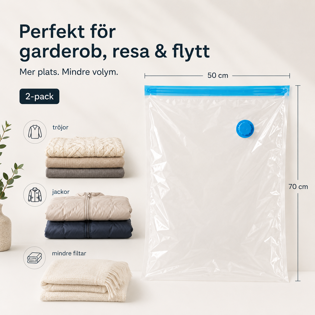 Vakuumbeutel für Kleidung und Textilien – 50×70 cm, 2er-Pack